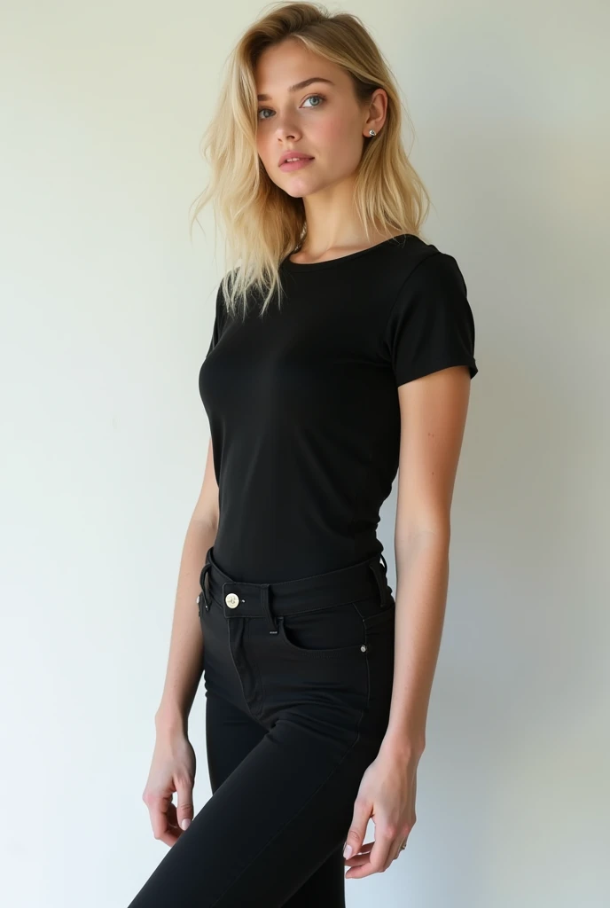 Make a white female teenager wearing black pants, a T-shirt that shows her shoulders and her feet in open black sandals