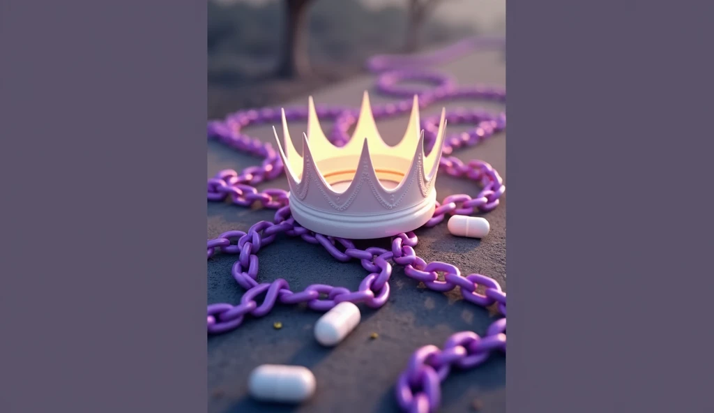 Purple chain thrown on a road, uma coroa branca e dourada flutuando centralizada sobre as chains, medicines thrown on the road, shades of purple, chains,