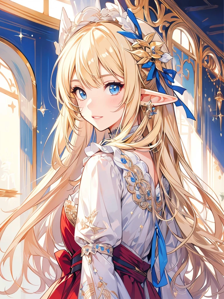 masterpiece, best quality, 1girl, ultra detailed, ultra highres, well-definded facial features, anatomically correct, cute girl, long pointy ears, elf, nice face,blonde hair, blue eyes, raising wine glass,