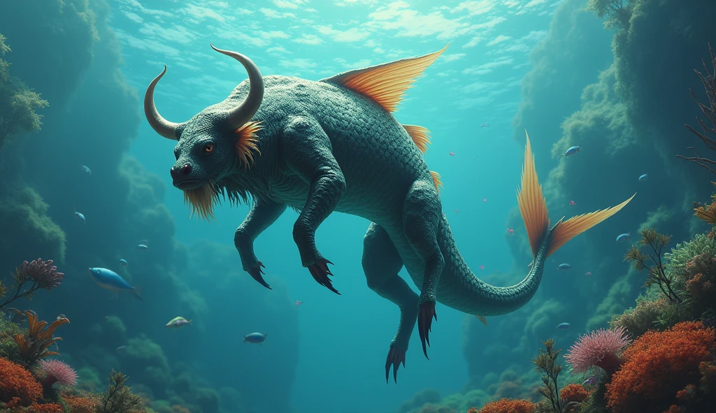 There is a creature underwater,The body of a fish,Bull's head and snake's tail,Wings growing from the ribs(best quality,4K,8k,High level,masterpiece:1.2),Ultra Detailed,(lifelike,Photo real,Photo real:1.37)