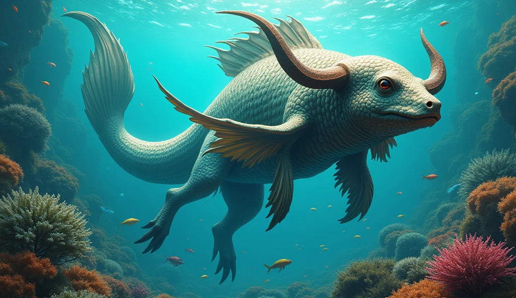 There is a creature underwater,The body of a fish,Bull's head and snake's tail,Wings growing from the ribs(best quality,4K,8k,High level,masterpiece:1.2),Ultra Detailed,(lifelike,Photo real,Photo real:1.37)