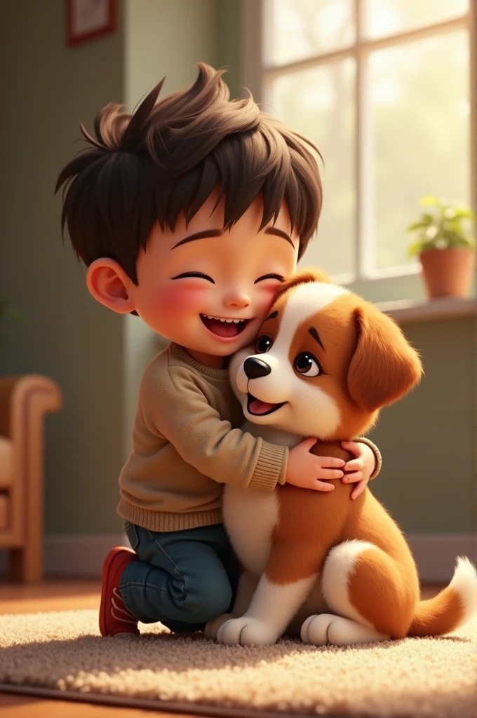 boy hugging a brown and white puppy 