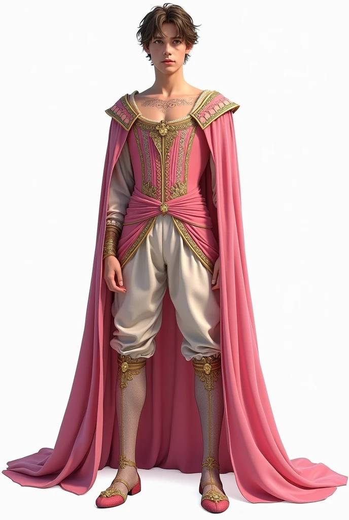 full body medieval age man costume,pants with a cape behind, PINK COLOR, white, yellow small jewels in flower shapes, ancient,delicate, Royals, Transparent screens, , elegant, telas de seda bright,romantic, bright,fondo white, View from afar so you can see everything,Greek details,glass, Principle, pants with details, corset,colored shoes