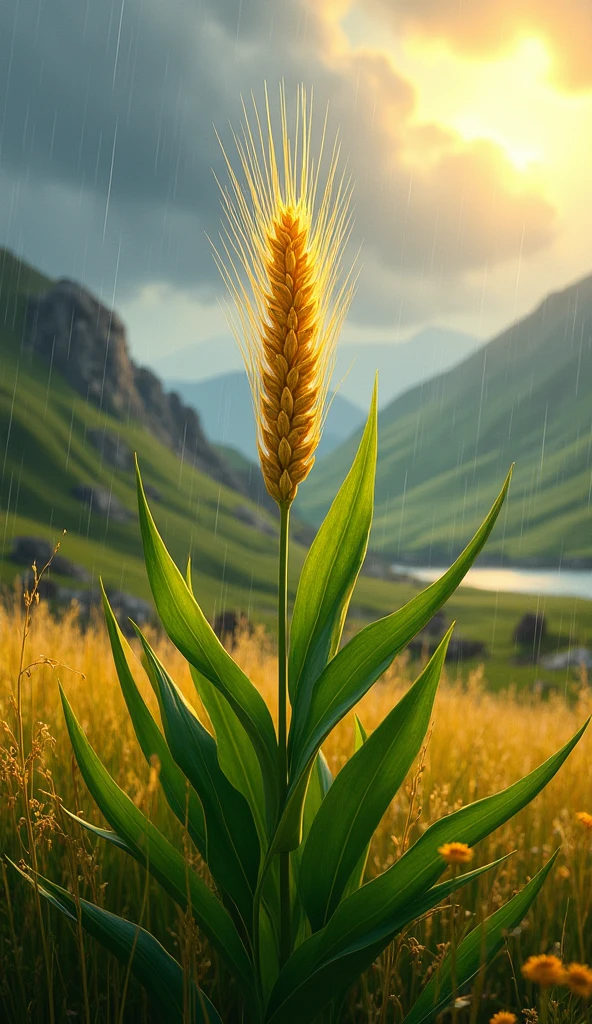 Create an image of a barley plant in the highlands on a rainy and sunny day