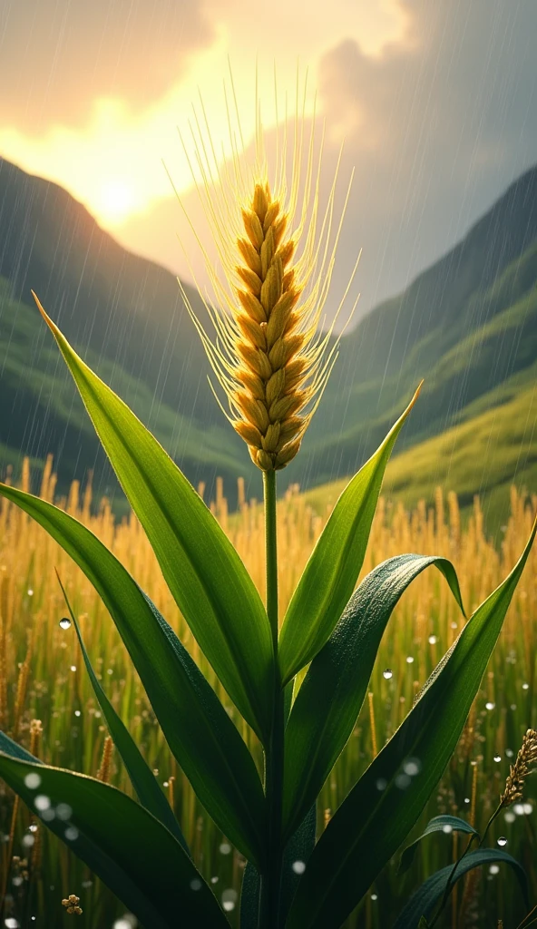 Create an image of a barley plant in the highlands on a rainy and sunny day