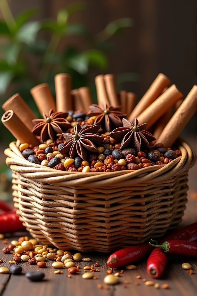 Basket with cinnamon, anise, seeds and dried chilies
