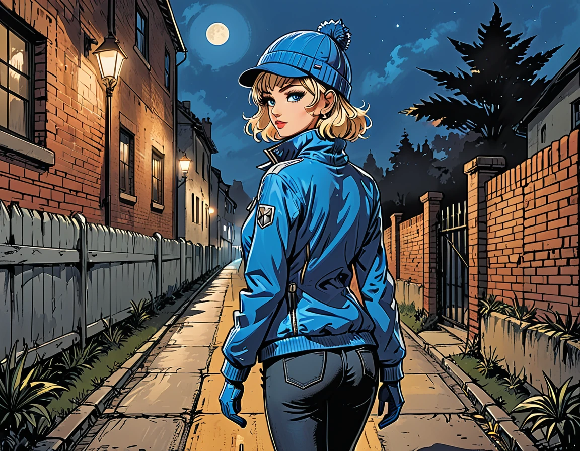 (((night))), dark, looks away, ((high brick fence)), ((tropics)),(palm), fullbody from the back, ((back view girl in Blue zipped up down winter jacket and black turtleneck )) and (((jeans))) and blue gloves and (((blue winter hat)))) ((walking)) on the road with brick fence, adult, [Nordic], Hourglass elongated fitness body, perfect Olive skin, Oval Face, Rounded shoulders, perfect hand, Attached Pointed ears, round forehead, (Short blonde Waves pixie hair), snub nose, ((Monolid blue Eyes)), High Round Narrow cheekbones, Dimpled Cheeks, Rounded Chin, Rounded Jawline, Full nude Lips, (blue eyes), Nude Makeup Look, long eyelashes, long slim fitness legs, graphic style of novel comics, perfect hands, 2d, 8k, hyperrealism, masterpiece, high resolution, best quality, ultra-detailed, super realistic, Hyperrealistic art, high-quality, ultra high res, highest detailed, lot of details, Extremely high-resolution details, incredibly lifelike, colourful, soft cinematic light, (looks away),