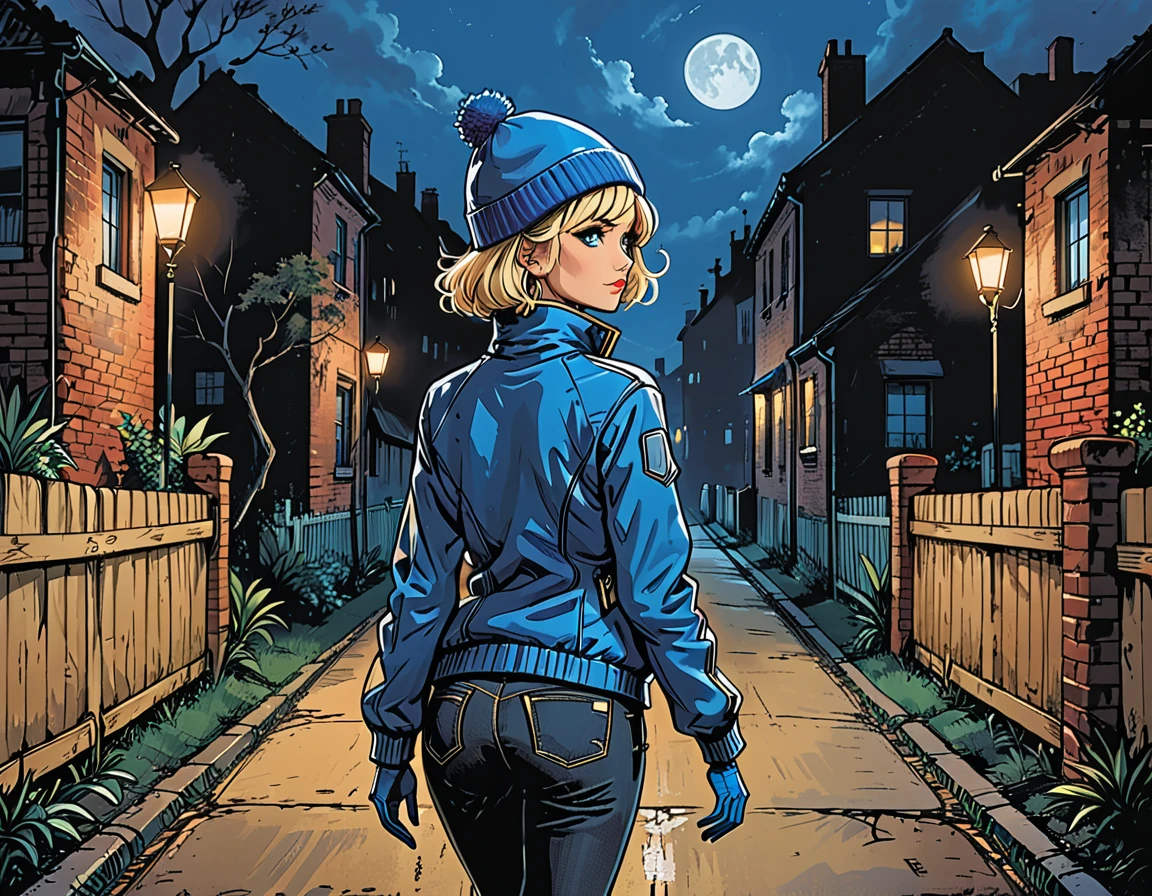 (((night))), dark, black cat, looks away, (((look at each other))), glowing eyes, black cat with open mouth, ((high brick fence)), bottom view, ((tropics)),(palm), fullbody ((profile)) ((girl in Blue zipped up down winter jacket and black turtleneck )) and (((jeans))) and blue gloves and (((blue winter hat)))) ((sitting on knee and petting a black cat on the head)) on the road with brick fence, adult, [Nordic], Hourglass elongated fitness body, perfect Olive skin, Oval Face, Long neck, Rounded shoulders, perfect hand, Attached Pointed ears, round forehead, (Short blonde Waves pixie hair), snub nose, Arched eyebrows, ((Monolid blue Eyes)), High Round Narrow cheekbones, Dimpled Cheeks, Rounded Chin, Rounded Jawline, Full nude Lips, (blue eyes), Nude Makeup Look, long eyelashes, long slim fitness legs, graphic style of novel comics, perfect hands, 2d, 8k, hyperrealism, masterpiece, high resolution, best quality, ultra-detailed, super realistic, Hyperrealistic art, high-quality, ultra high res, highest detailed, lot of details, Extremely high-resolution details, incredibly lifelike, colourful, soft cinematic light, (looks away),