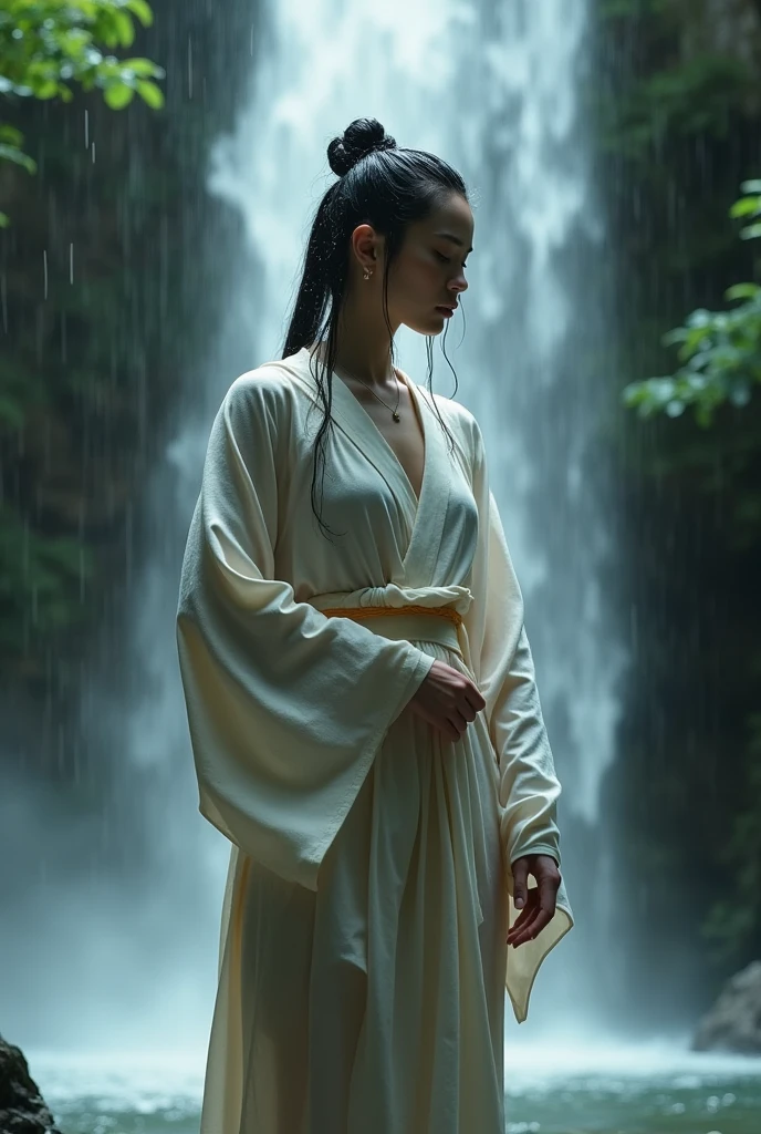 Illustrate a woman undergoing spiritual training by standing under a waterfall, her wet kimono clinging to her body and revealing her translucent skin. Capture the serene and introspective atmosphere of the scene, with the woman's closed eyes and serene expression conveying her deep focus and dedication to her mental and physical discipline. Use a muted color palette to enhance the tranquility of the surroundings, with the waterfall cascading down from a rocky cliff and the surrounding foliage adding a sense of natural beauty and isolation. Pay attention to the details of the woman's wet kimono, with its intricate patterns and folds, as well as the gentle play of light and shadow on her skin. Depict the water droplets falling from her hair and the mist rising from the water, creating a sense of movement and energy in the image. Overall, create an image that represents the transformative power of nature and the inner strength of the woman undergoing her spiritual journey.
