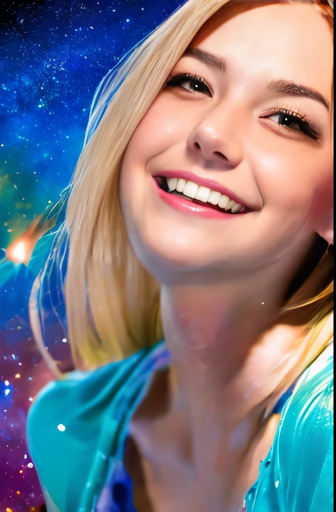 High detail, super detail, super high resolution, girl enjoying her time in the dream galaxy, surrounded by stars, warm light sprinkled on her, background is starry sky with colorful galaxies and galaxy clouds, stars flying around her, delicate face, adding playful atmosphere ,