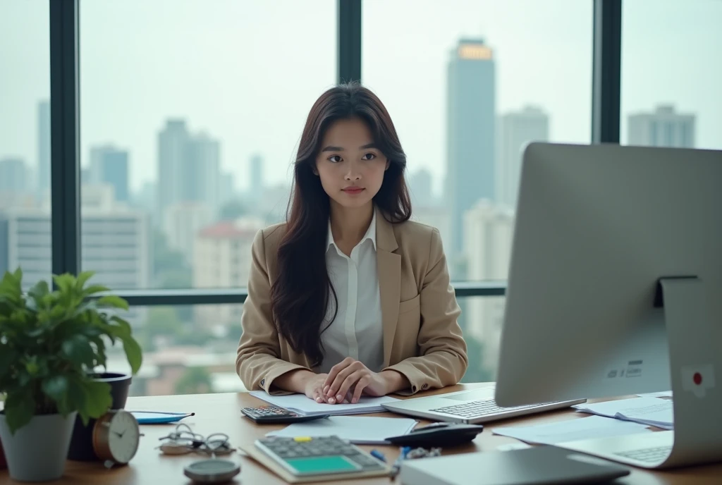 High Resolution, Masterpiece, Accurate, Best Quality, Detail, High Details, High Quality, Realistic photo. A 2 Indonesian wife, wearing a beige blazer and a white shirt, blue jeans, long dark hair, white skin, height: 155 cm, weight: 45 kg. The image shows a young woman sitting at a desk in an office. She is wearing a beige blazer and a white shirt. She has long dark hair and is holding a pen in her right hand. On the desk, there is a laptop, some papers, and a calculator. The background shows a large window with a view of a city skyline. The woman appears to be focused on her work.