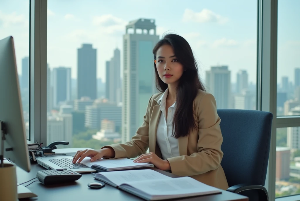 High Resolution, Masterpiece, Accurate, Best Quality, Detail, High Details, High Quality, Realistic photo. A 2 Indonesian wife, wearing a beige blazer and a white shirt, blue jeans, long dark hair, white skin, height: 155 cm, weight: 45 kg. The image shows a young woman sitting at a desk in an office. She is wearing a beige blazer and a white shirt. She has long dark hair and is holding a pen in her right hand. On the desk, there is a laptop, some papers, and a calculator. The background shows a large window with a view of a city skyline. The woman appears to be focused on her work.
