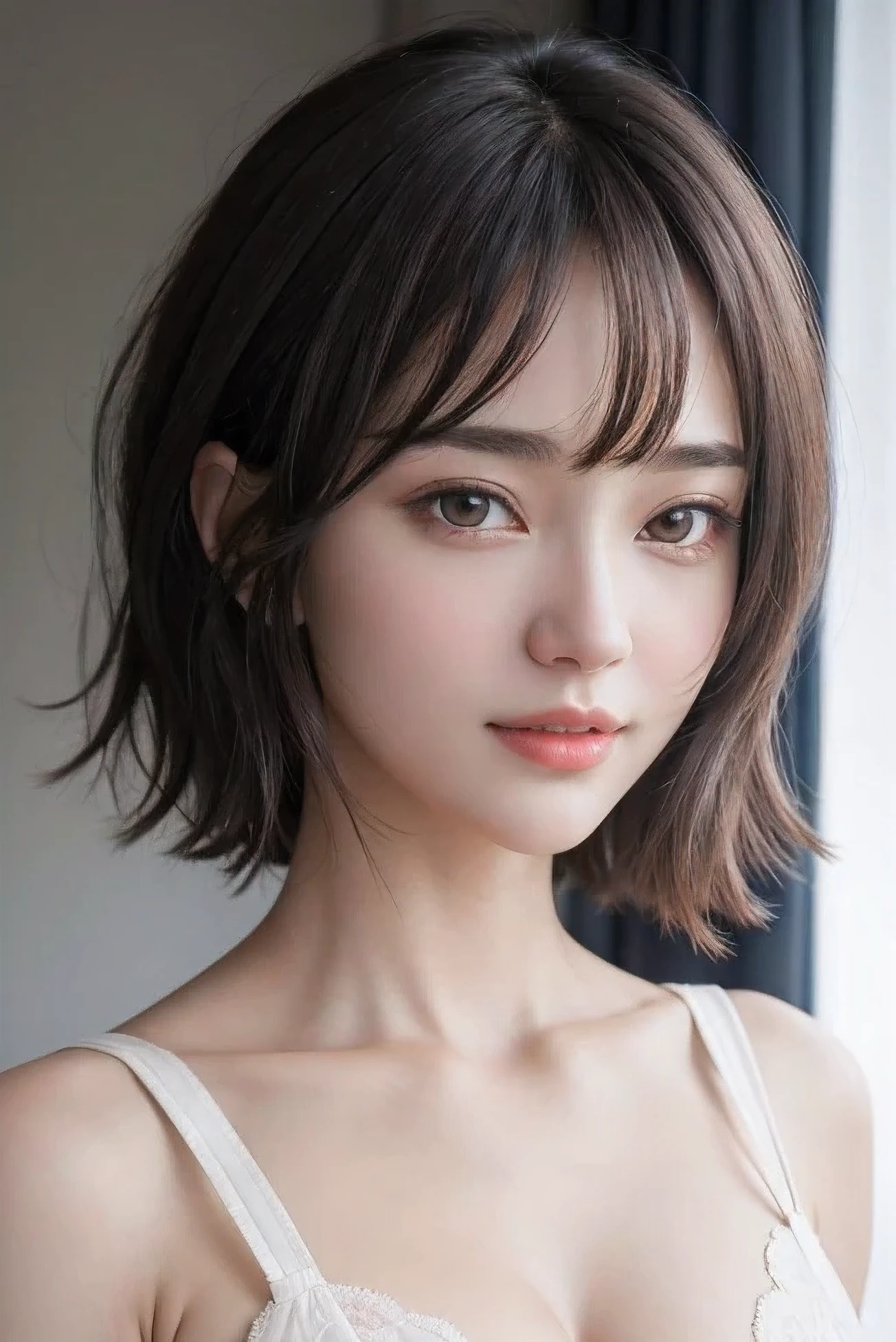 (Highest quality,8K quality,masterpiece:1.3),(Ultra-high resolution,Realistic:1.4,Live Shooting),(Very detailed,Caustics),(Ultra-Realistic Capture,Beautiful and detailed skin),1,Beautiful Japanese, Medium Hair, Messy Hair, Asymmetrical bangs, I'm looking at the camera with a smile on my face,Soft Light,A ray of light shining from above,Natural light,(Gray background)、
3:4,Sharp focus,(Beautiful woman with perfect body), Cinema Lighting、perfection、High Resolution Skins:1.3、Realistic skin texture、30 year old mature woman、Small face、No makeup、short hair、Dark brown hair、Beautiful eyes in every detail、Bust B cup、Slim figure、(Gray background)、
Photo from the waist up、Wearing a white small underwear,