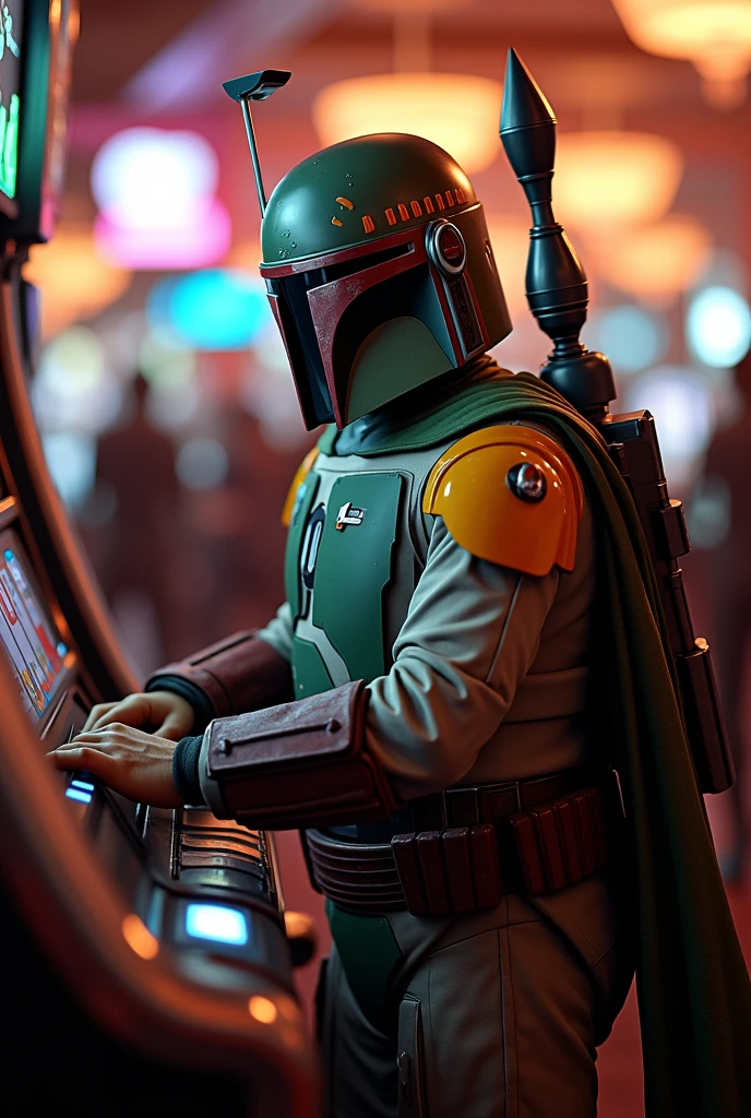 Boba Fett playing slots at a casino、Star Wars、movie、Mandaean、