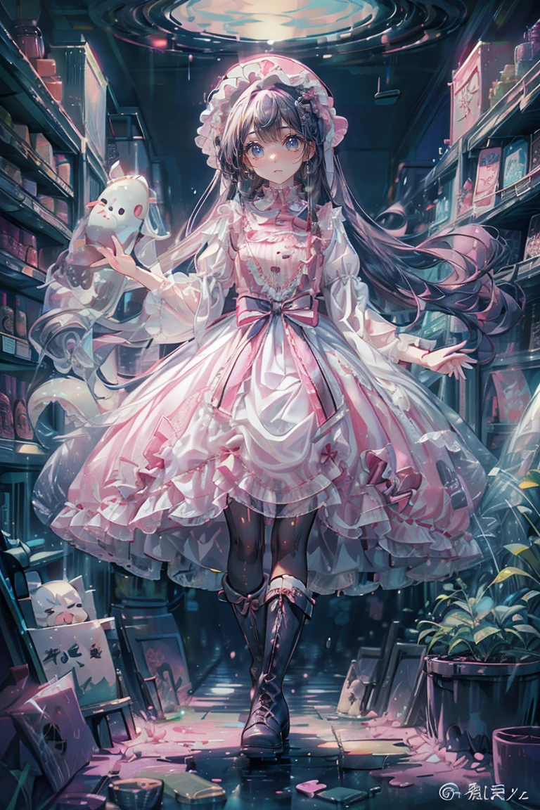 steal、Raiding the store、Anime Style、Storytelling、、beautiful girl、とてもcute天使、Pink Gothic Dress、cute、Baby Face、smile、Long skirt、Black long boots、