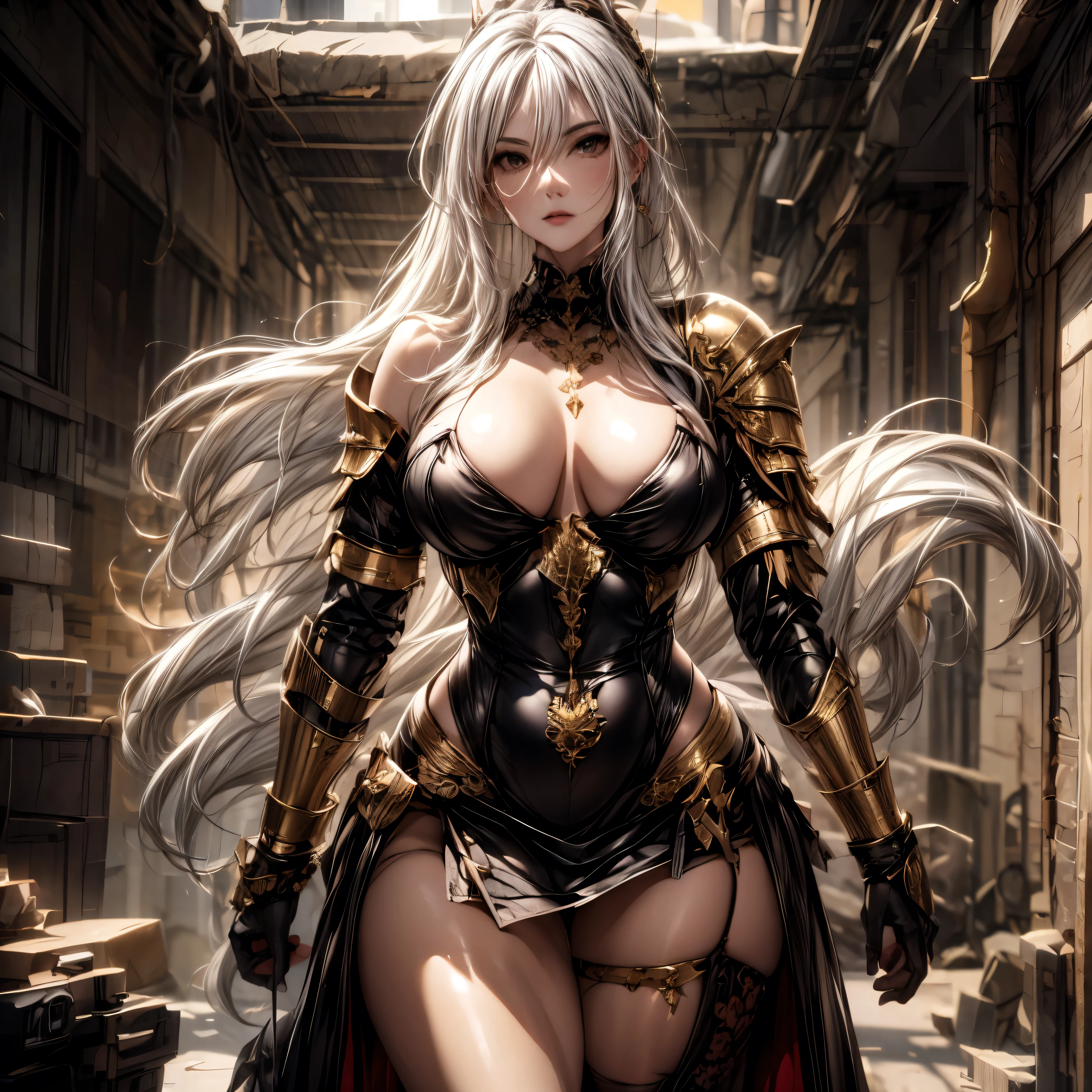 (best quality)), ((Masterpiece)), (details:1.4), 3d, HDR (high dynamic range), an image of a beautiful cyberpunk female, fantasy, medieval, Cyberpunk, Sleek style, red hair, High ponytail, Beautiful White eyes, จมูกโด่ง, ปากแดง, หน้าอกใหญ่, nvidia RTX, PBR surface, After processing, Anisotropic filtration,depth of field, Maximum clarity and clarity, multi-layered surface, Subsurface scattering, perfect proportions, 8K raw files, ultra detailed, Perfect proportions, volumetric lighting, soft lighting, Holy Paldin, Heavy Golden Armor, White dress, intricate Silver embroidery, glossy skin, Bed room Background, jewely, ต่างหู, mini white skirt, armor grove