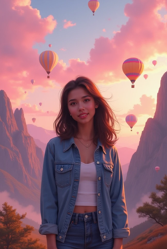 Beautiful girl in a jeans top and medium length hair standing in mountains were ballons and pink and sky and write name bushra