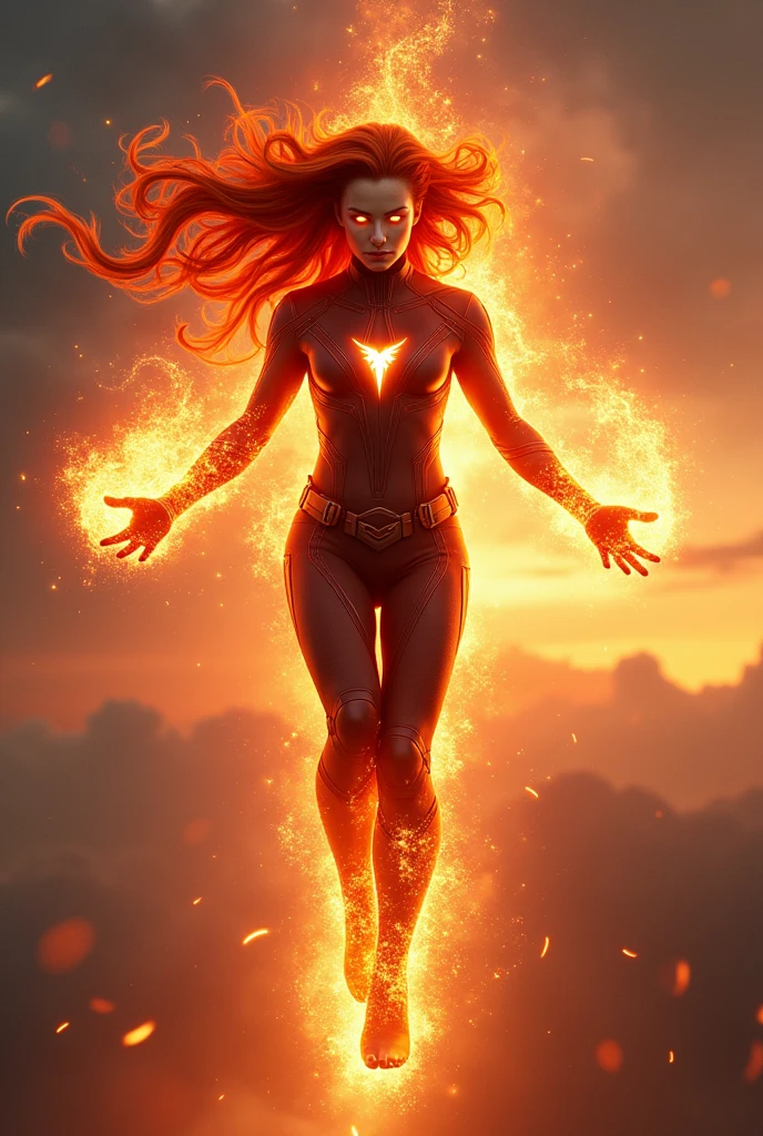 red hair woman, with fire effect, floating above the sky with eyes sparkling with flames, with firepower in his hands. marvel style