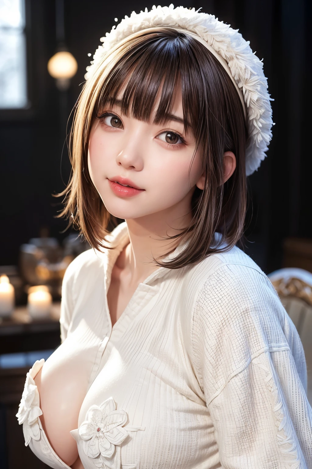 (masterpiece, Highest quality),One Girl, alone, Black-haired, scarf, Have, Realistic, Realistic, Looking at the audience, Light-coloured black eyes, Short brunette bob, Brown coat, Winter clothes, White headscarf, lips, prohibit, Plein Air, Mouth closed, Upper Body、Big eyes、eyelash、((Beautiful landscape with sparkling snow、Large snowflake motif、A beautiful snowy scene with no people around))、(((Short bob hair with bangs、Shiny Hair、Big eyes、large full chest、Highlights the eyes、Gazing at the audience、Beautiful beauty、Listen carefully、Long neck、Laugh a little、Please close your mouth and laugh、Ideal body type)))、{Huge|big|Hugeな|Mega} chest:2, chestの谷間:2、Very cute smile