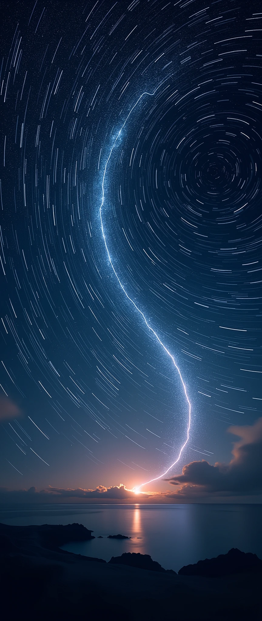 (masterpiece:1.2,Exceptional Quality,mirror-like,Cinematic Experience,Photorealistic:2.0,RAW Photos:2.0),Ultra-high resolution,Super detailed,8k,wallpaper,(Astrophotography:2.0),(Star Trail:2.0),(Beautiful light trail:2.0),(dynamic:2.0),(Long exposure:2.0)