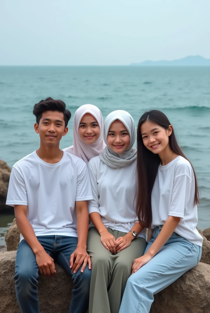 Portrait of young Indonesian man 18 years old wearing white t-shirt and young Indonesian woman 1 wearing white t-shirt and hijab and young man wearing white t-shirt and girl wearing white t-shirt and hijab sitting on rocks by the sea