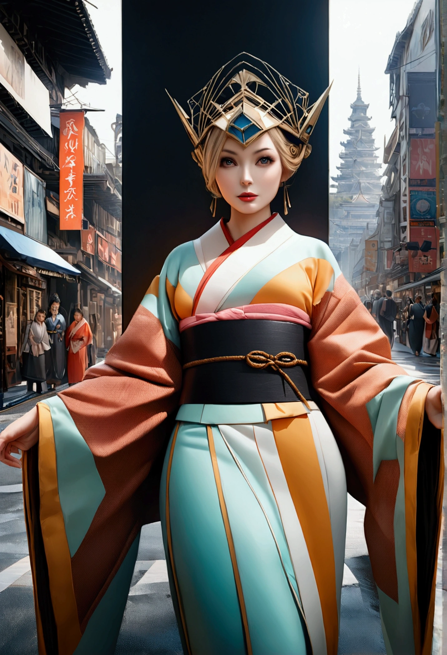 A blonde woman (Lillian Bassman) wearing a futuristic kimono. The kimono has a bold contrasting color scheme and is adorned with geometric shapes and lines. The woman wears a futuristic headpiece as an accessory. The background of the image is a futuristic cityscape. The composition of the photograph is carefully framed to highlight the woman and her kimono. The perspective chosen for the image adds depth and visual interest. The lighting is expertly balanced to highlight the color and detail of the kimono while illuminating the woman's face. The depth of field is shallow, keeping the woman and kimono in focus while leaving the background slightly blurred. The shutter speed is adjusted to freeze the action and capture the intricate details of the kimono. The overall quality of the photograph is excellent, featuring vibrant colors and sharp details. (Highest Quality, 4K, 8K, Ultra High Resolution, Masterpiece), Ultra Detailed, (Hyper Realistic, Photorealistic), Full Color. Edited by Lillian Bassman.