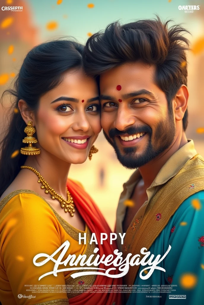 Telugu movie poster. Movie name ' Happy Anniversary '. Love. Both looking camera. Female wearing yellow blue designed saree.