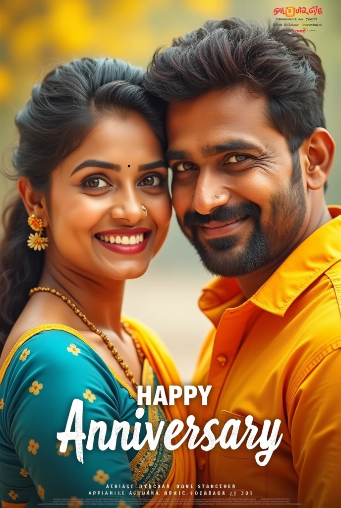 Telugu movie poster. Movie name  ' Happy Anniversary '. Love. Both looking camera. Female wearing yellow blue designed saree.
