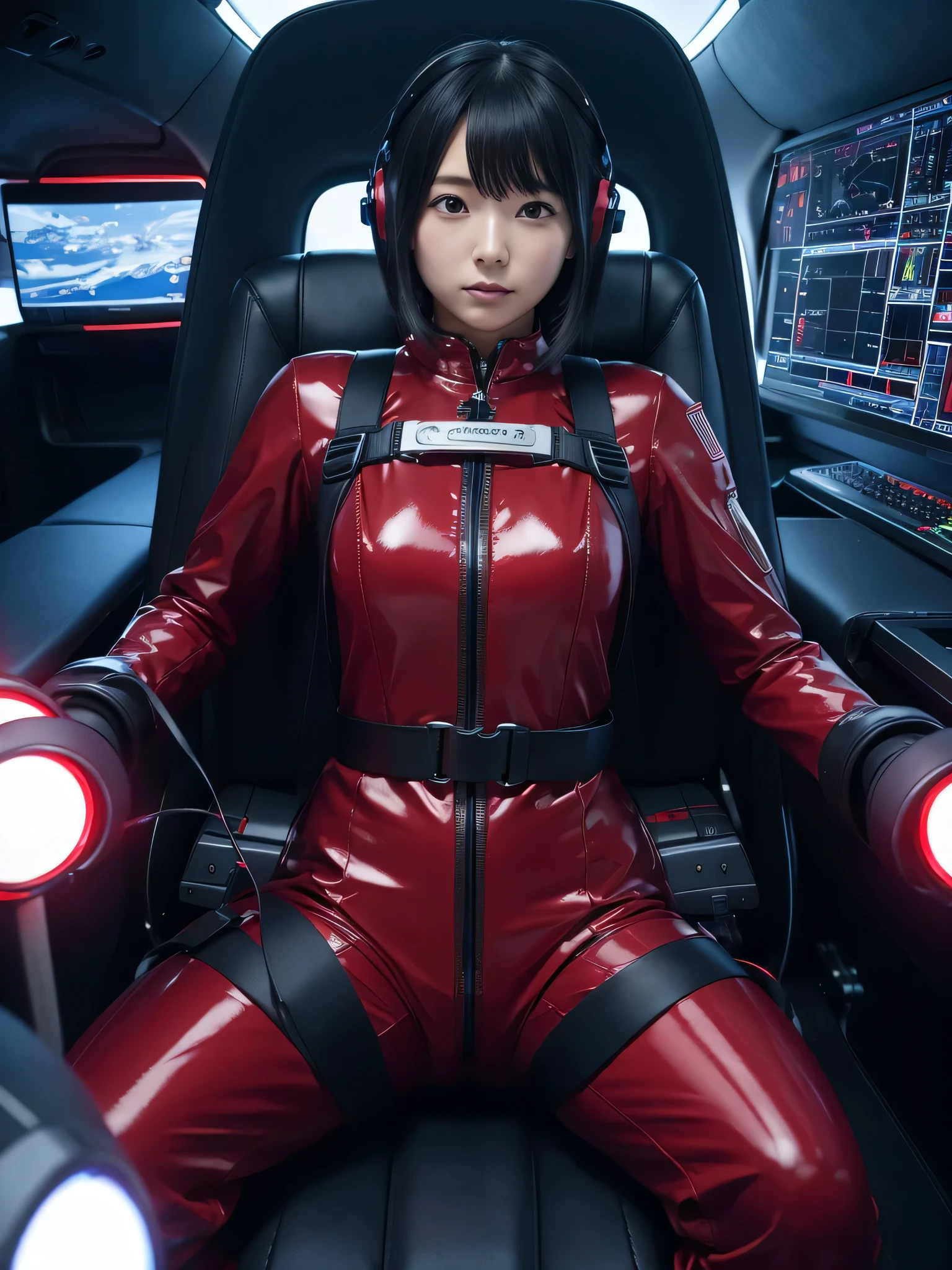 Japanese female android,Black Hair,Space capsule,The person is completely secured in the seat with the backrest reclined by a thick harness belt.,Plump,Wide-legged squats,Red shiny robot suit,Surrounded by switches and monitors,