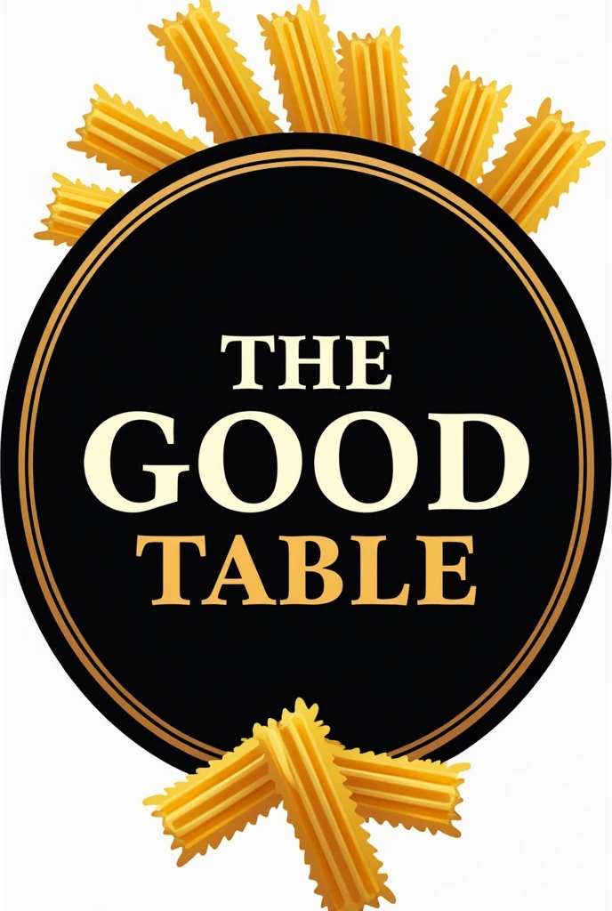 Italian pasta restaurant circular logo in black with gold, with raw pasta details , With the name of " the good table"