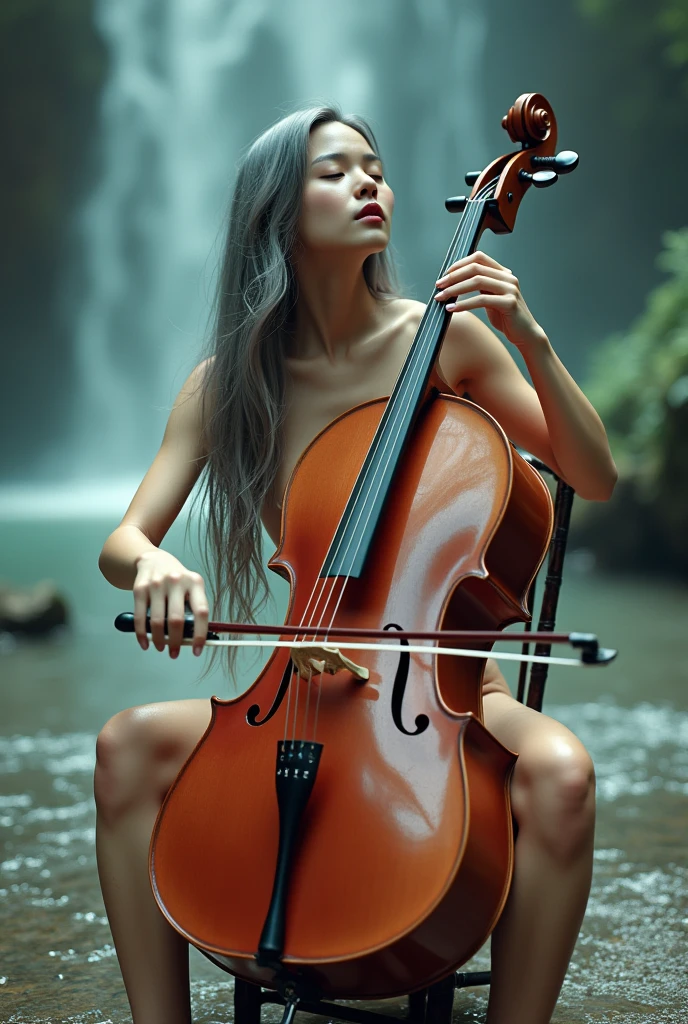 Hasselblad F1.8 Wide Angle Lens, Pink Tone Shot, Soft Blur Filter, Glitter, Sparkles All Over, Soft Pastel Tones, Full Nude, Soaking, Cute and Sexy Asian Woman, Very Long Gray Hair, Beautiful Big Breasts, Shiny Glowing Skin, Her Body Has A Lime Light, She Moans, She Sits On A Chair And Plays The Cello Under The Sunlight, The Cello Covers Her Full Nude Body, Her Hair Is Wet And Swaying, Blurred Multi-Layer Waterfall Nature Background.