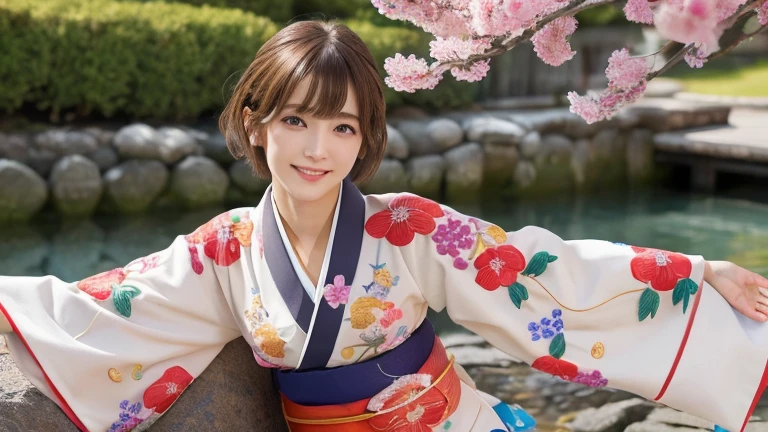 (8k, RAW Photos, Highest quality:1.2), (reality, reality的:1.4), (非常に詳細な8kwallpaper)、Sharp focus, Cinema Lighting, Beautiful eyes in every detail, Asymmetrical bangs, Glowing Skin, Highly detailed skin ,High resolution, Attention to detail, Detailed hairstyle, Ultra detailed face, Detailed lips, Hyper Real, Perfect limbs, Perfect Anatomy ,1 Japanese girl,Famous idols of Japan, Perfect female body,smile,short eyelashes,double eyelid、Look straight here,, whole body ,Tabletop、wallpaper、reality的、Bright lighting、Professional Lighting、Face Light Smooth Lighting、Beautiful woman、action、gravure、Sexy、so beautiful、Beautiful Skin、slim、((short hair))、((Brunette Hair))、Brown eyes、Looking into the camera、Small Bust、Pretty face,, smile, Hot spring background for hot spring inn, 超High resolution, Backlight, Top-down angle、Accurate 5 fingers, software , Bony body, Messy Hair,(High-quality yukata in vibrant colors:1.3), (Gorgeous embroidered kimono:1.u can see the torii gate.)、(Sitting on a rock in the garden)、Pull out