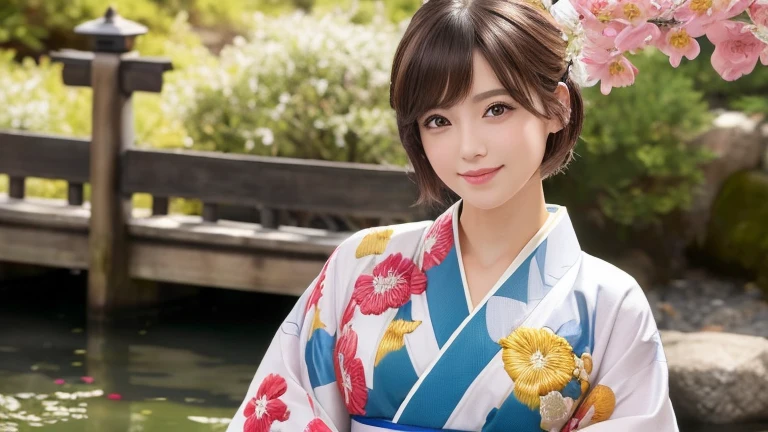 (8k, RAW Photos, Highest quality:1.2), (reality, reality的:1.4), (非常に詳細な8kwallpaper)、Sharp focus, Cinema Lighting, Beautiful eyes in every detail, Asymmetrical bangs, Glowing Skin, Highly detailed skin ,High resolution, Attention to detail, Detailed hairstyle, Ultra detailed face, Detailed lips, Hyper Real, Perfect limbs, Perfect Anatomy ,1 Japanese girl,Famous idols of Japan, Perfect female body,smile,short eyelashes,double eyelid、Look straight here,, whole body ,Tabletop、wallpaper、reality的、Bright lighting、Professional Lighting、Face Light Smooth Lighting、Beautiful woman、action、gravure、Sexy、so beautiful、Beautiful Skin、slim、((short hair))、((Brunette Hair))、Brown eyes、Looking into the camera、Small Bust、Pretty face,, smile, Hot spring background for hot spring inn, 超High resolution, Backlight, Top-down angle、Accurate 5 fingers, software , Bony body, Messy Hair,(High-quality yukata in vibrant colors:1.3), (Gorgeous embroidered kimono:1.3)、(You can see the torii gate.)、(Sitting on a rock in the garden)、Pull out