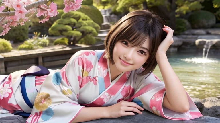 (8k, RAW Photos, Highest quality:1.2), (reality, reality的:1.4), (非常に詳細な8kwallpaper)、Sharp focus, Cinema Lighting, Beautiful eyes in every detail, Asymmetrical bangs, Glowing Skin, Highly detailed skin ,High resolution, Attention to detail, Detailed hairstyle, Ultra detailed face, Detailed lips, Hyper Real, Perfect limbs, Perfect Anatomy ,1 Japanese girl,Famous idols of Japan, Perfect female body,smile,short eyelashes,double eyelid、Look straight here,, whole body ,Tabletop、wallpaper、reality的、Bright lighting、Professional Lighting、Face Light Smooth Lighting、Beautiful woman、action、gravure、Sexy、so beautiful、Beautiful Skin、slim、((short hair))、((Brunette Hair))、Brown eyes、Looking into the camera、Small Bust、Pretty face,, smile, Hot spring background for hot spring inn, 超High resolution, Backlight, Top-down angle、Accurate 5 fingers, software , Bony body, Messy Hair,(High-quality yukata in vibrant colors:1.3), (Gorgeous embroidered kimono:1.u can see the torii gate.)、(Sitting on a rock in the garden)、Pull out