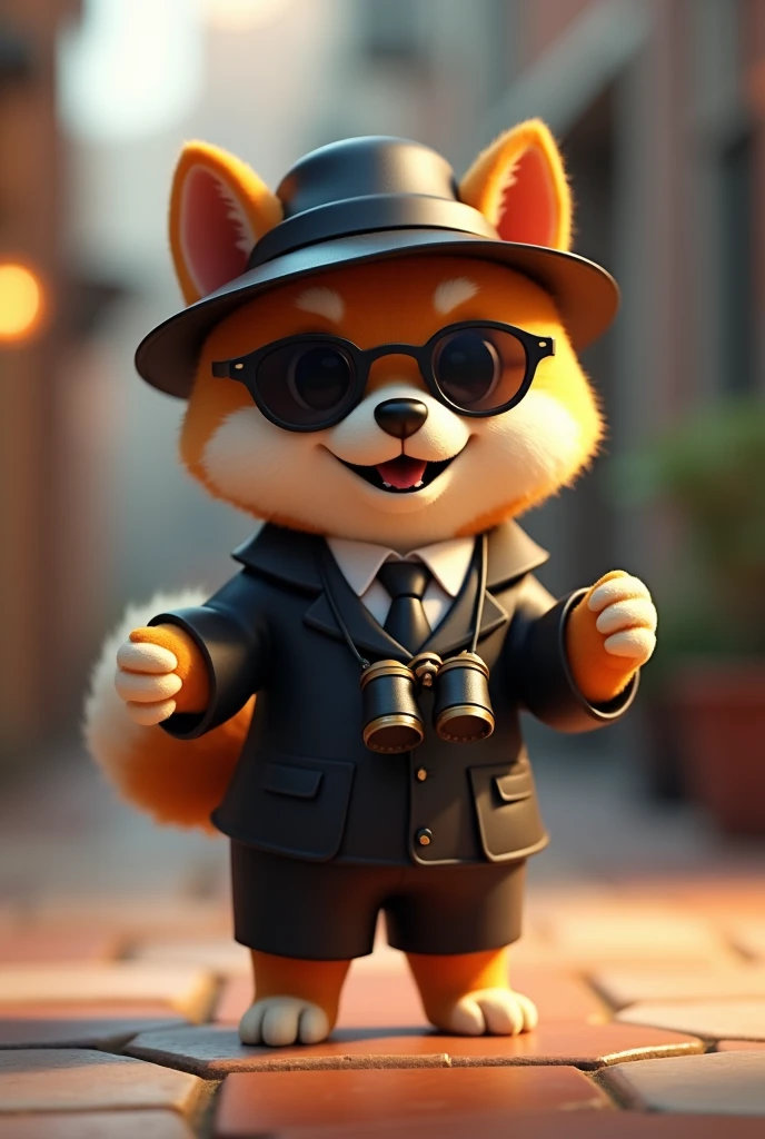 Cute Shiba Inu、Detective style outfit(Black Suit、hat、sunglasses、Binoculars hanging from his neck)、3d、On all fours、Lift your back leg up