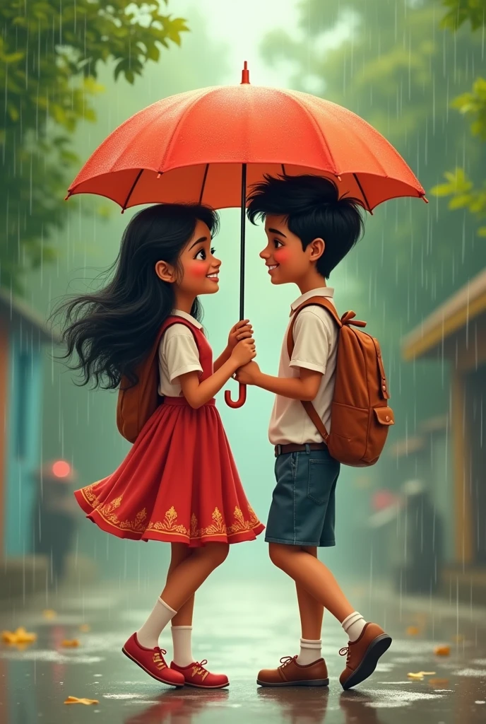 Indian cute couple after school back to home together in rainy day girl holding umbrella boy can't under umbrella and suggest a girl close umbrella and enjoy rain in school dress red and white together wear