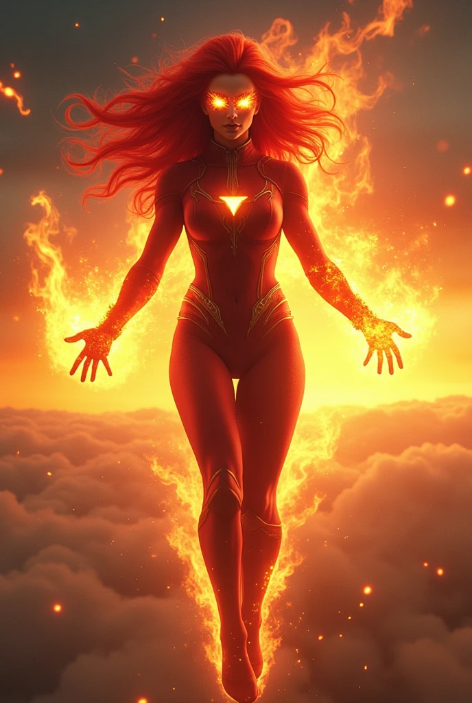 red hair woman, with fire effect, floating above the sky with eyes sparkling with flames, with firepower in his hands. marvel comic style