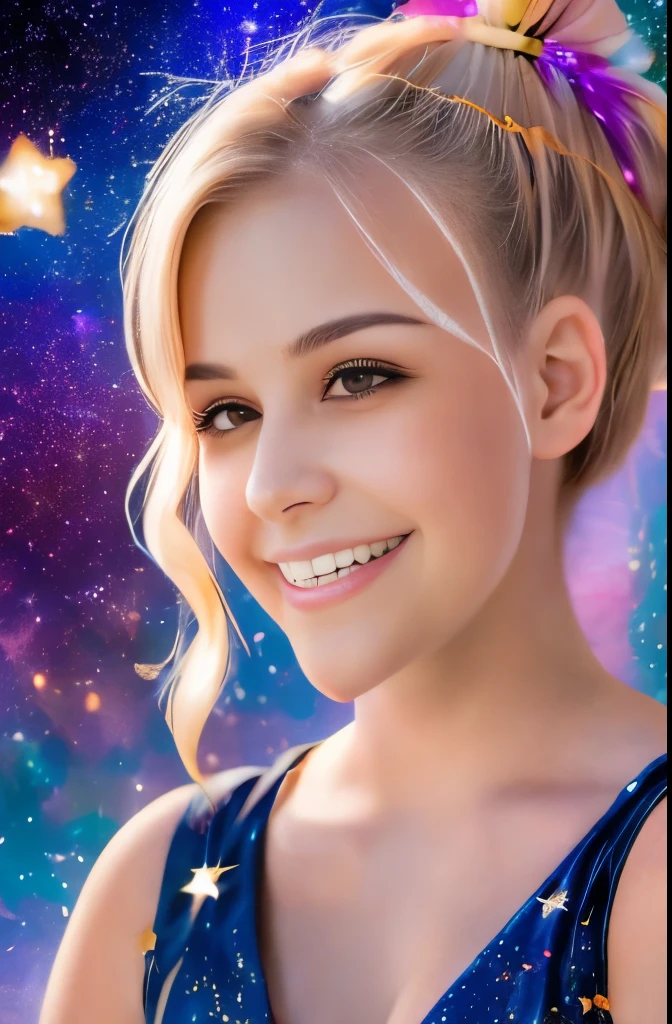 High detail, super detail, super high resolution, girl enjoying her time in the dream galaxy, surrounded by stars, warm light sprinkled on her, background is starry sky with colorful galaxies and galaxy clouds, stars flying around her, delicate face, adding playful atmosphere , 