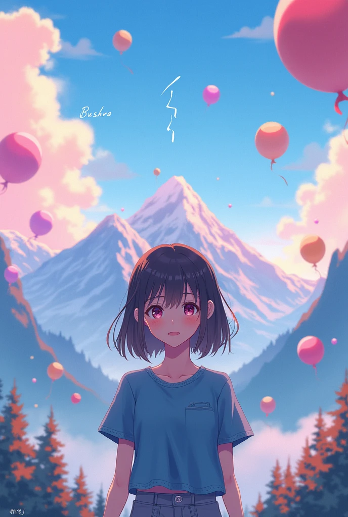 Beautiful girl anime in a jeans top and medium length hair standing in mountains were ballons and pink and sky and write name bushra