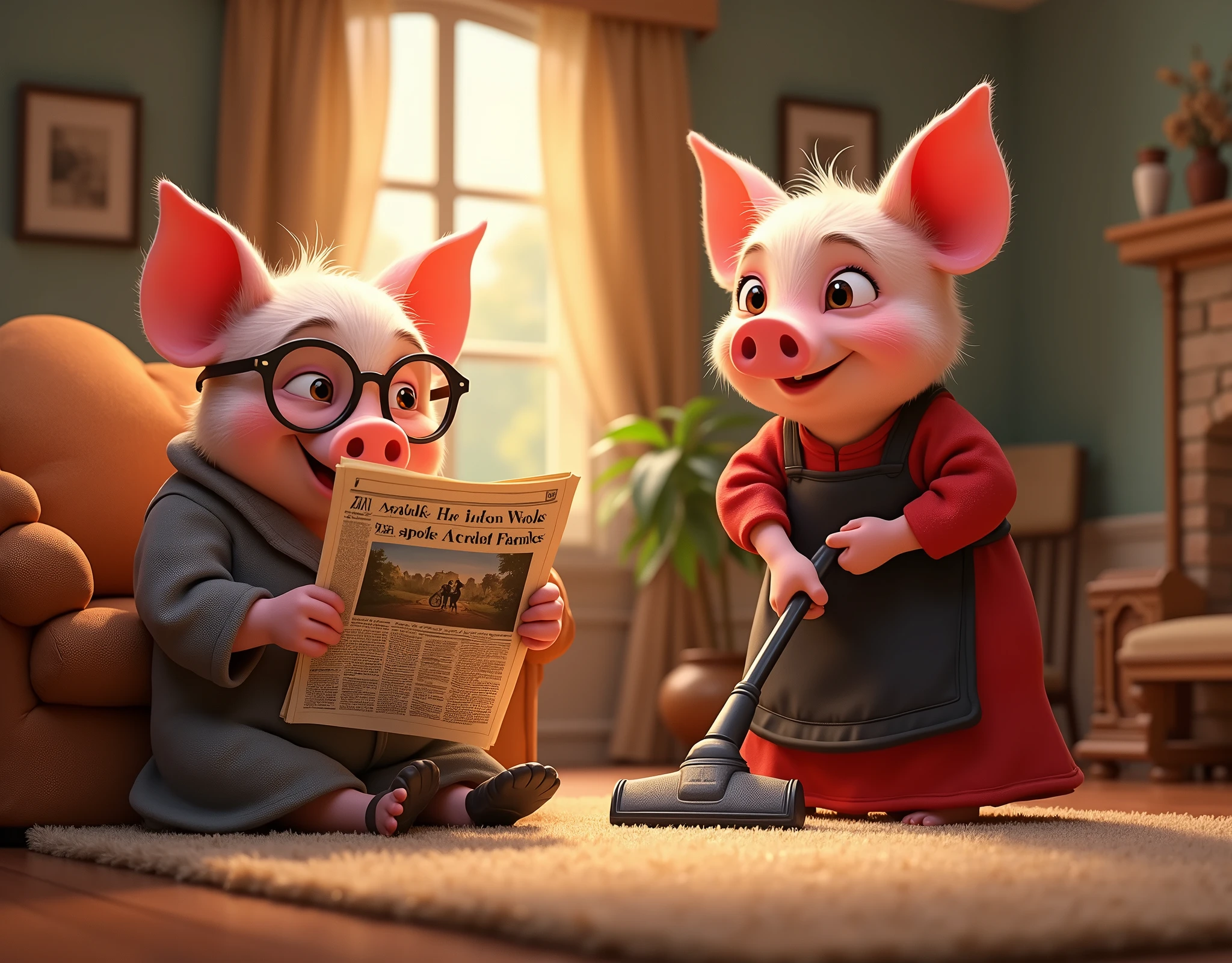 official art, unity 8k wallpaper, ultra detailed, beautiful and aesthetic, masterpiece, best quality, pixar style, 3d, 2 pigs, 1 cute father pig is on the left wearing glasses and house robe is sitting on the couch reading newspaper looking relaxed. On the newspaper there is a photo of a big bad wolf and the headline reads "BAD WOLF SPOTTED". On the right is 1 cute mother pig wearing glasses and long red dress and black apron is using the vacuum cleaner to clean the carpet, both are smiling and looking to the right, game button art, Game illustration, lovely digital painting, artstation for kids art, Official artwork, key art, mobile game art, cover game art, zootopia concept art, (soft lighting:1.3), (green and earthy color scheme:1.3), (highly detailed), (ultra quality:1.3), (masterpiece), (digital art), 8K resolution, HDR, depth of field, (soft shadows), (photorealistic:1.3), (animation:1.2), (by Greg Rutkowski:0.9), (in the style of Alphonse Mucha), trending on ArtStation, award-winning art