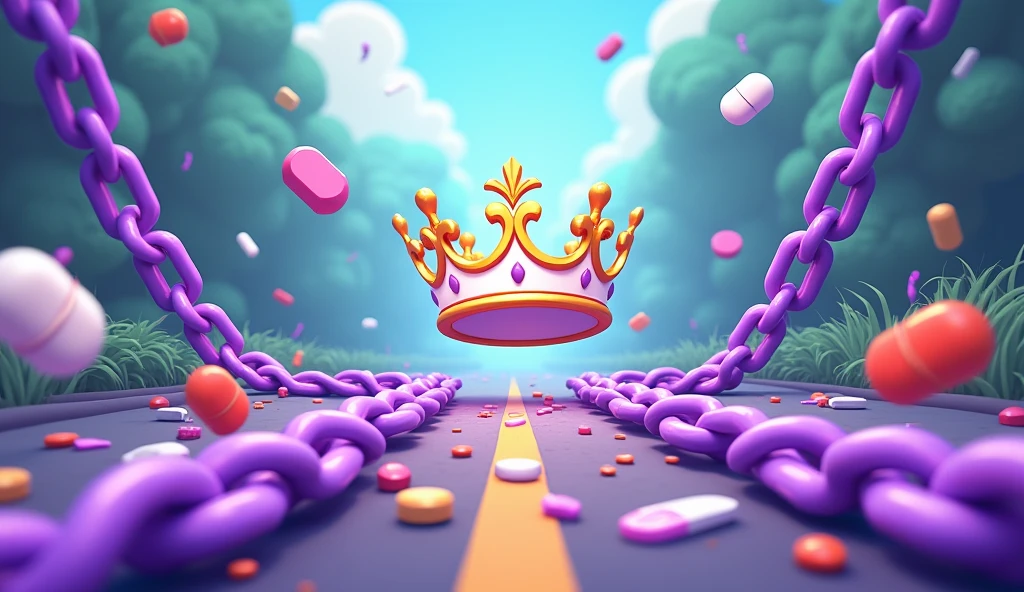 Purple chain thrown on a road, uma coroa branca e dourada flutuando centralizada sobre as chains, medicines thrown on the road, shades of purple, chains, style cartoon,