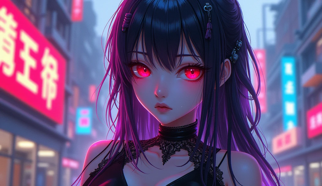 masterpiece, best quality, illustration, beautiful detailed eyes, colorful background, mechanical prosthesis, mecha coverage, emerging dark purple across with white hair, pig tails, disheveled hair, fluorescent purple, cool movement, rose red eyes, beatiful detailed cyberpunk city, multicolored hair, beautiful detailed glow, 1 girl, expressionless, cold expression, insanity, long bangs, long hair, lace, dynamic composition, motion, ultra - detailed, incredibly detailed, a lot of details, amazing fine details and brush strokes, smooth, hd semirealistic anime cg concept art digital painting, cyborg style, drink acup of coffe