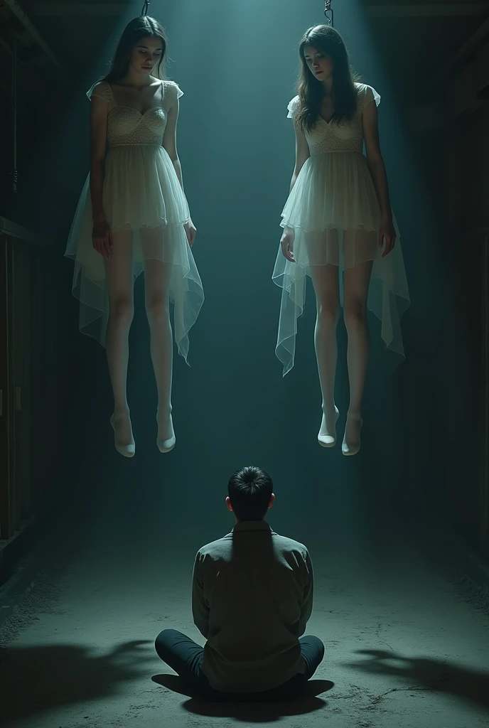 Scene of two girls in white thigh high socks, hanged, thòng lọng, hovering in the air, a man sitting on the ground in panic 