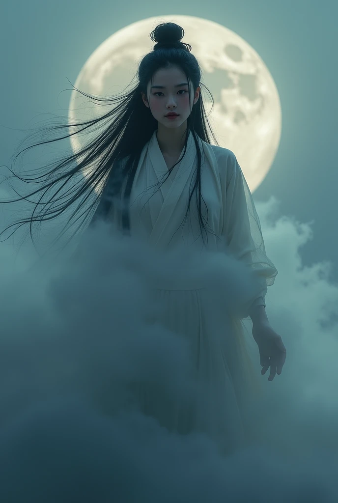 A (((masterpiece))) with exquisite ((best quality)) and attention to detail, depicting a (((Taoist with intricate details))), whose feminine form is (((detailed and distinctively drawn)), with her ((upper body)) enveloped in a ((softly swirling fog)), as if creating a ((dynamic, midair silhouette)), poised against a backdrop of a ((dusk-gray sky)) that blends into a (deep, midnight blue) on the horizon. A ((palely glowing full moon)) adds a serene touch to the scene, further highlighting the (mysterious and ethereal atmosphere). Natural lighting, (direct light:0.4), (insanely detailed, bloom:1.5), (highest quality, Alessandro Casagrande, Greg Rutkowski, Sally Mann, concept art, 4k), (analog:1.2), (high sharpness), (detailed pupils:1.1), detailed face and eyes, Masterpiece, best quality, (highly detailed photo:1.1), photographed by Canon EOS R6, 135mm, 1/1250s, f/2.8, ISO 400, Realistic, 8k, ((masterpiece)), looking at the viewer, (detailed), detailed face, white skin,