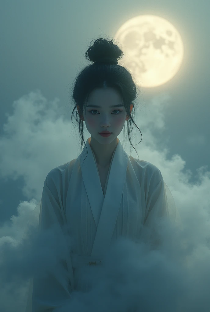 A (((masterpiece))) with exquisite ((best quality)) and attention to detail, depicting a (((Taoist with intricate details))), whose feminine form is (((detailed and distinctively drawn)), with her ((upper body)) enveloped in a ((softly swirling fog)), as if creating a ((dynamic, midair silhouette)), poised against a backdrop of a ((dusk-gray sky)) that blends into a (deep, midnight blue) on the horizon. A ((palely glowing full moon)) adds a serene touch to the scene, further highlighting the (mysterious and ethereal atmosphere). Natural lighting, (direct light:0.4), (insanely detailed, bloom:1.5), (highest quality, Alessandro Casagrande, Greg Rutkowski, Sally Mann, concept art, 4k), (analog:1.2), (high sharpness), (detailed pupils:1.1), detailed face and eyes, Masterpiece, best quality, (highly detailed photo:1.1), photographed by Canon EOS R6, 135mm, 1/1250s, f/2.8, ISO 400, Realistic, 8k, ((masterpiece)), looking at the viewer, (detailed), detailed face, white skin,