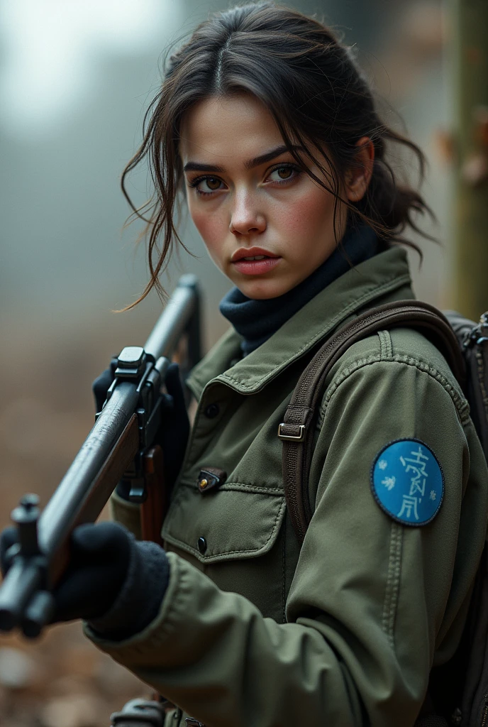 I want a woman of height 1,62 brown eyes black eyebrows brown hair I want her to be dressed as a soldier and have a weapon called mp40 light blue