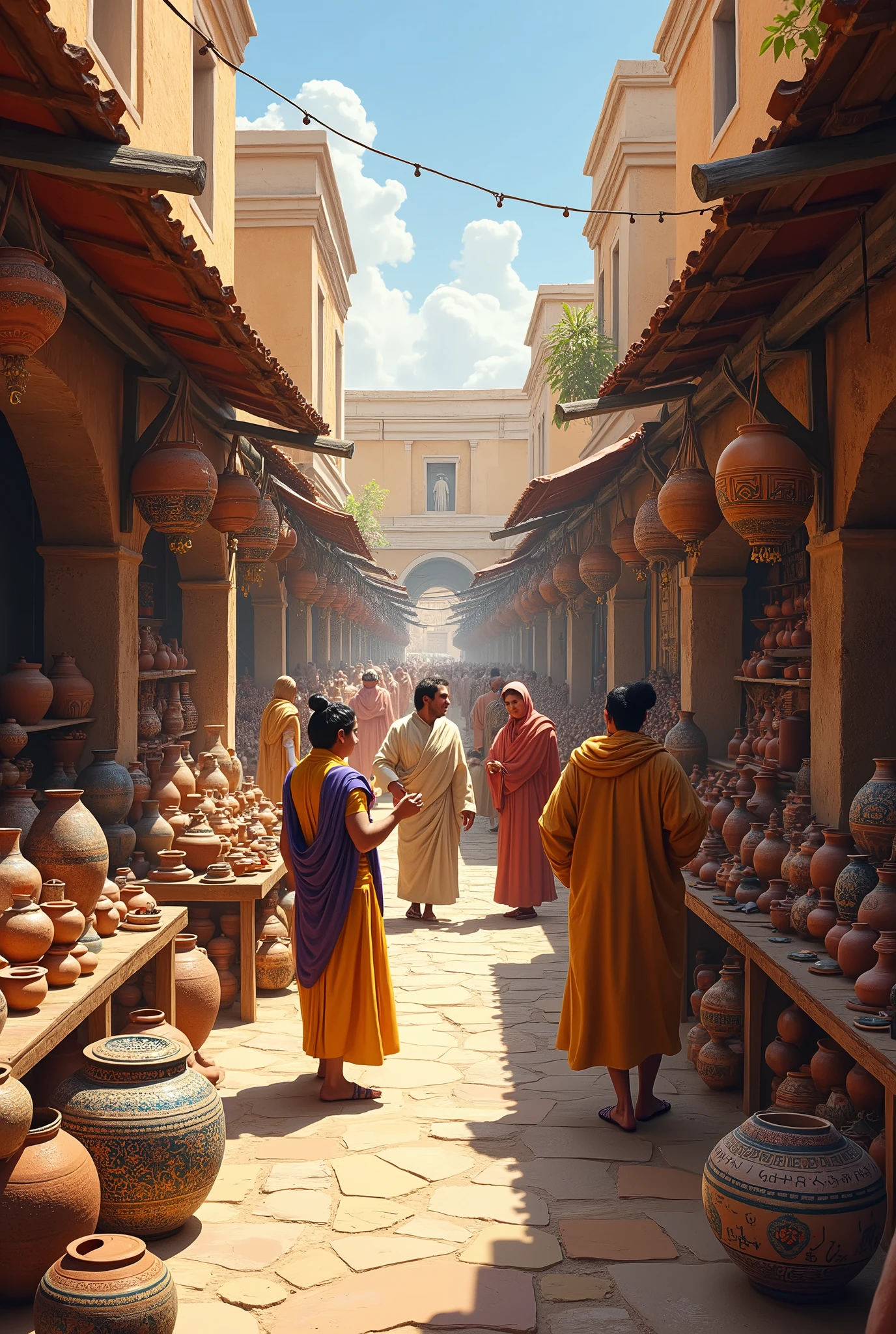 A vibrant, historical scene of a bustling market filled with ceramic pots, vases, and dishes from various ancient cultures. The image could include vendors and buyers interacting, with each ceramic piece showcasing traditional patterns and designs from cultures like Ancient Greece, China, and Egypt.