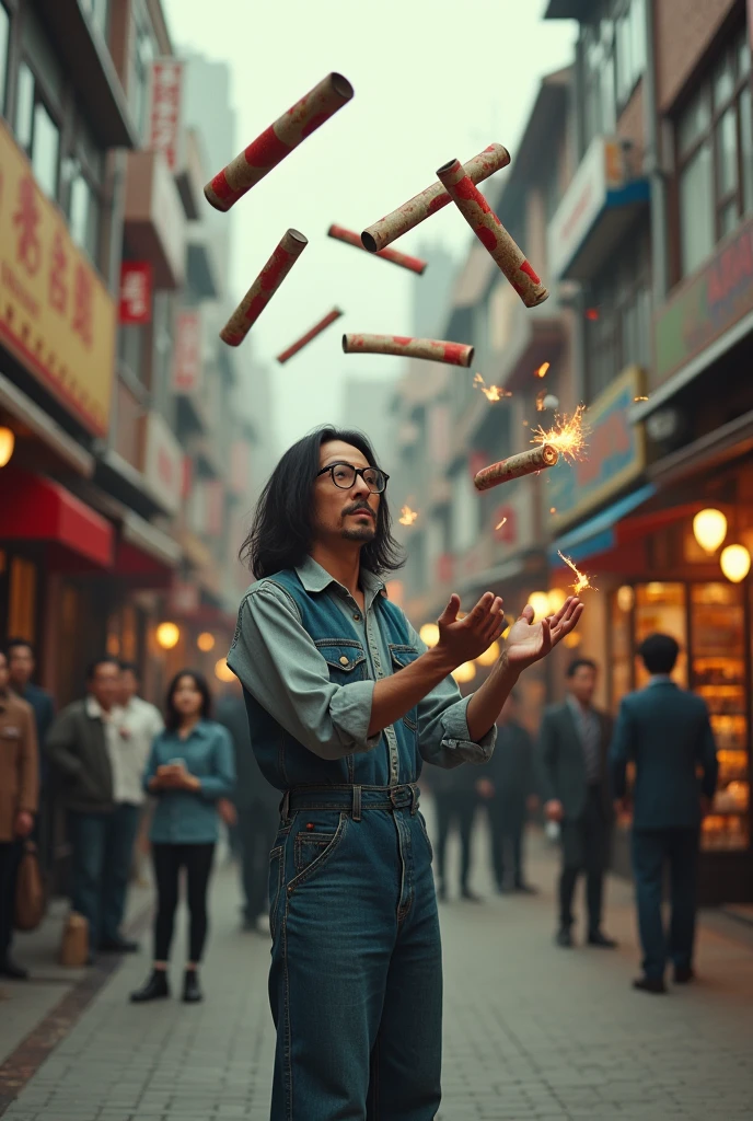 A long-haired Japanese man wearing very old-fashioned glasses is juggling a cylindrical dynamite grenade with a fuse.、A very dangerous trick、Denim jumper and jeans、Performance at a pedestrianized shopping arcade in Japan in the 1960s、So much dynamite flying through the air、