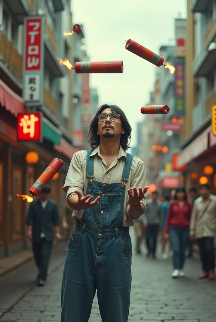 A long-haired Japanese man wearing very old-fashioned glasses is juggling a cylindrical dynamite grenade with a fuse.、A very dangerous trick、Denim jumper and jeans、Performance at a pedestrianized shopping arcade in Japan in the 1960s、So much dynamite flying through the air、