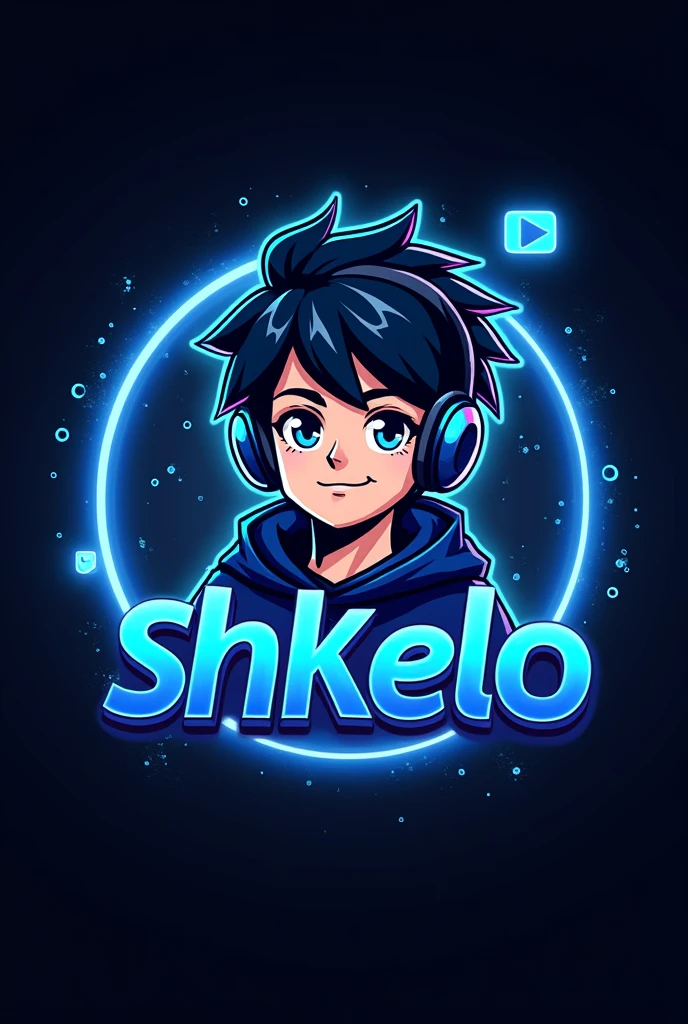 This is a gaming logo that features the name "Shkelo" in a futuristic font and a neon blue color. and Boy Anime avtar, The logo also has a stylized controller icon and a YouTube play button in the background. The logo is designed to be attractive and eye- catching, and to appeal to gaming enthusiasts and YouTube viewers Ihone